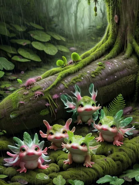close up of mossy log, detailed forest background, (rain) , wet mossy surroundings, octane render, (axolotl, mossy log, vast nature:1.3) , intricate details, nature-inspired, heroic, 3d rendering, (hyperdetailed:1.2) , (Photorealistic:1.2) , cinematic Lighting, (detailed background visible:1.2) , (bioluminescent:1.1) , (At heart composition) , (captivating photograph:1.1)