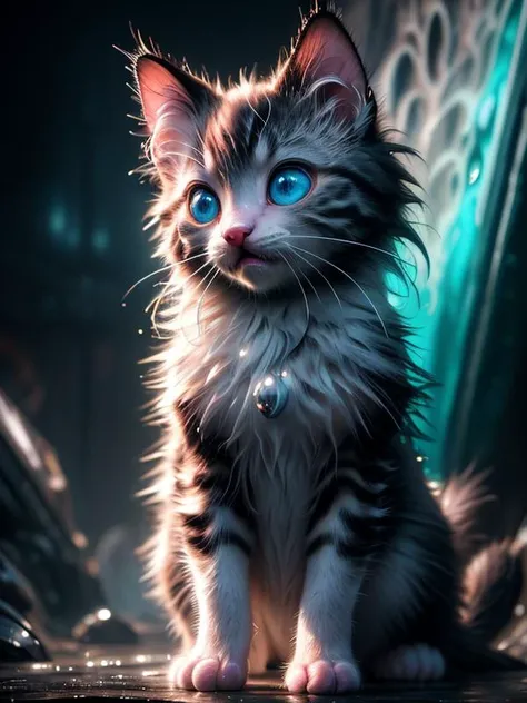 (disney:0. 1), (cartoon:0.1), (pixar:0.4), (3D:1.10),
(UHD:1.1), (detailed background visible:1.2),
close up of (cute:0.70) wet kitten, wet fur,,
<lora:AbyssalTech:1.00> abyssaltech , dark energy, ethereal, dissolving, see-through, abyss,
(Style: subsurface scattering, (pui), analog style, realistic, film photography, highres photo, cinematic Lighting, trending on artstation),(Photorealistic:1.2),
(detailed), sharp, HDR, high quality, good resolution, maximalist, masterpiece,