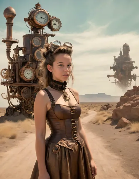 Camille Smith defies time as a dystopian heroine within the ethereal surrealist landscape, donning an intriguing steampunk ensemble that showcases the shimmering remnants of lost civilizations; her gaze fixed resolutely ahead is captured from an artfully angled perspective that intrigues and reveals the complexities of her emotional depths. <lora:mnvsgy18f9056144bq6a3:1>