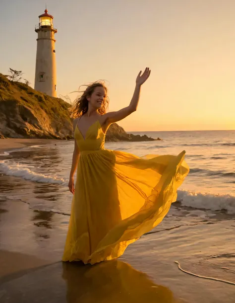 Camille Smith, bathed in the glow of the golden hour, stands alone by the abandoned but picturesque seaside lighthouse at dusk, her enchanting presence accentuated by the flowing, sunlit yellow gown she wears, as she effortlessly strikes a graceful pose with arms outstretched, embracing the enveloping beauty of nature and the infinite expanse of the ocean before her; her radiant smile echoes the vibrancy of this momentous scene. <lora:vrwows18f90657046l6da:1>