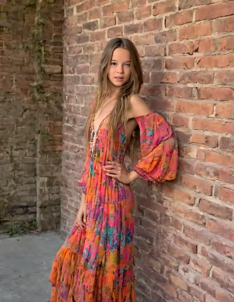 Camille Smith, the effortlessly stylish model with a vivacious spirit, donned her vibrant bohemian dress while posing in front of an artfully aged brick wall, captivating the attention of a creatively angled camera that framed her mesmerizing beauty and illuminated her free-spirited essence. <lora:vrwows18f90657046l6da:1>