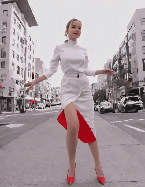 Camille Smith, dressed in a chic monochrome ensemble featuring striking contrasting red accents, confidently struts along the bustling and vibrant urban landscape, capturing the attention of passersby with her effortlessly elegant and graceful pose as the camera from an artistic low perspective catches this spontaneous moment, showcasing not only her beauty but also her ability to own any scene she's in. <lora:vrwows18f90657046l6da:1>