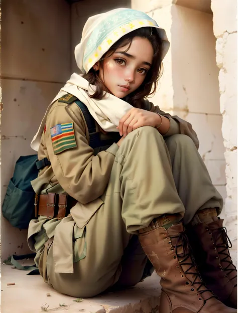 (Color Photo:1.3), masterpiece, the best quality, portrait of cute girl, 21 years old, (__advanced-female-guerilla-fighter__:1.3), stockings, (instaphoto:1.2), (beautiful brown eyes:1.3), (dusty skin:1.2), symmetrical face, (looking at camera:1.3), analog, pastel color, , (slim body:1.2), (beautiful facial features:1.2), soft and natural skin, (pale skin:1.2), perfect body, detailed textured, cotton fabric, cinematic lighting, by robert capa