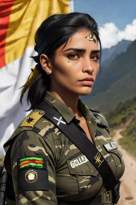 FARC Female Guerilla Fighter (Colombia): Adorned in used camouflage uniforms, bandana, with a worn-out Colombian flag patch, with black hair styled in a short and cropped hairstyle and piercing black eyes in an epic Colombian landscape., masterpiece, 8k, high resolution, shallow depth of field, sharp focus