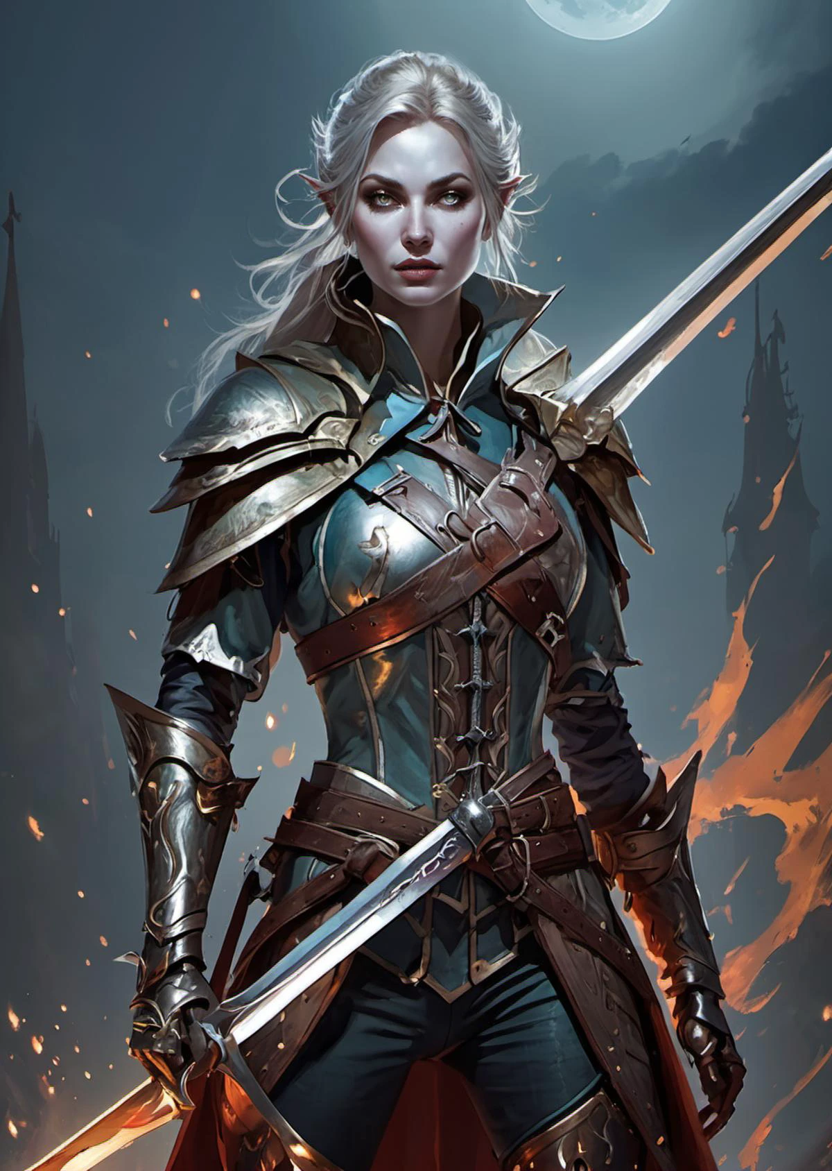 a female elf
musketeer wearing light Seagrass leather protective gear, towering above a bloody battlefield full of gore and grime, the ready sharp blade magically shimmering in the moonlight, wearing pants, heavy boots, a fur coat, belts buckles, and elbow long gloves