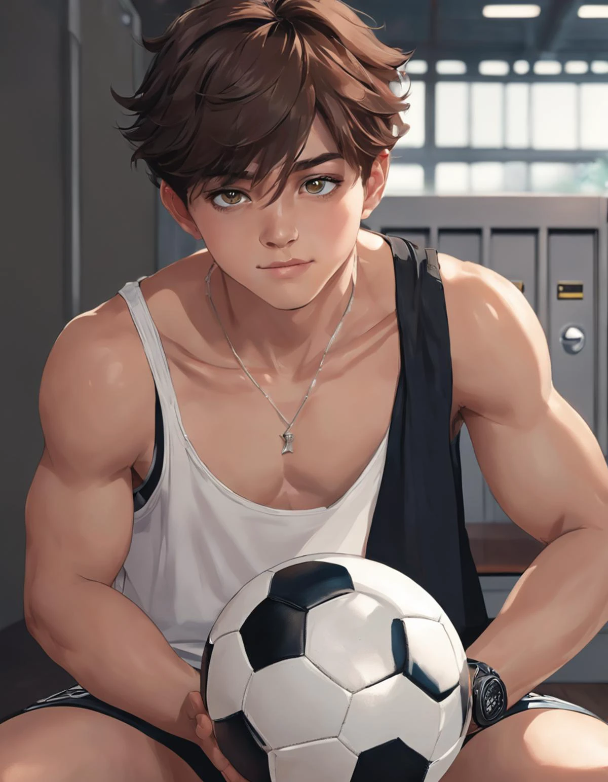 photorealistic image of a young and cute boy, body hair, soccer, detailed skin, huge bulge, (dynamic posture:1.3), (action shot), (clothes scattered),(locker room), (wearing tight white underwear),(side view),(full body:1.2),(athletic shoes:1.2), (undressing),(leaning over bench), natural looking face, (nervous expression:1.5), soft warm lighting, vibrant, masterpiece, best quality, perfect anatomy, muted colors, dramatic, cinematic, soft light, (muted colors, dim colors, soothing tones), soft light, sharp, realistic skin details, high contrast, (freckles on face), (close up shot of face, detailed eyes)