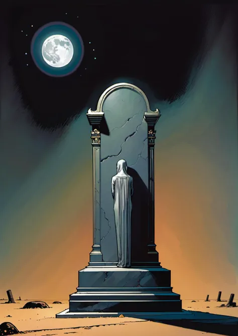 1girl,
beautiful
resting against tombstone,
dark
shadow
dim light
moonlight,
light particles,
( by Ben Templesmith moebius )