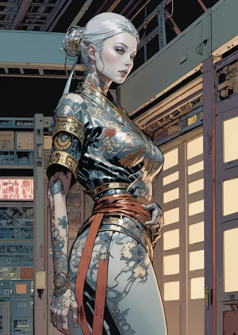1girl
bangs
cyborg
kimono
seductive
full body,
mechanical arms,
tattoo,
wide shot
japanese ink
dark night
grim
shadow dramatic lighting
ruins, factory,
perspective from from below,
(anime manga by Hiroshi Yoshida Hiroshi Nagai)