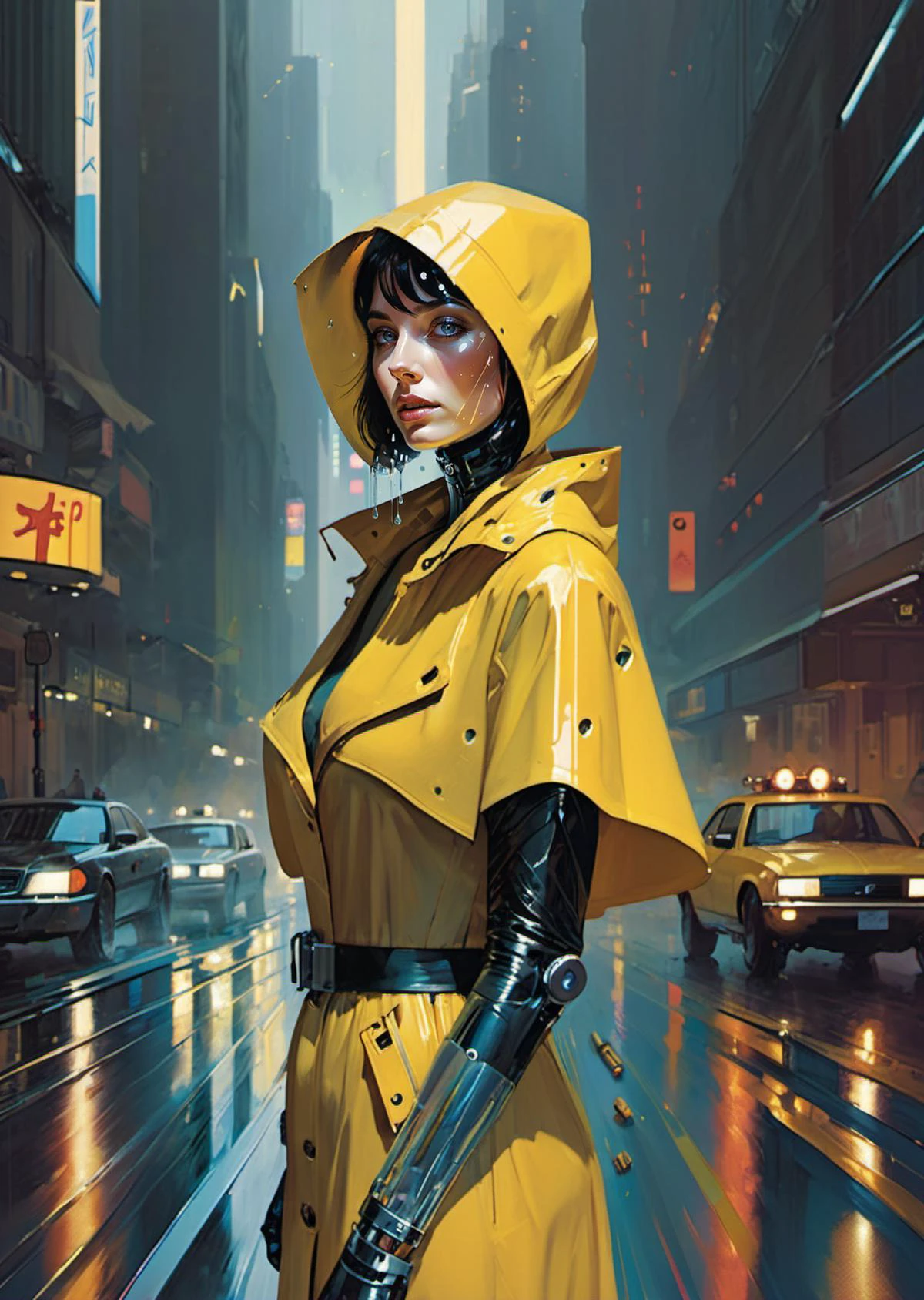 1 female,
sad
(wide shot, side looking at viewer, from above, )
bob cut,
yellow raincoat
collared shirt,
rain drops
(cybernetic,
mechanical parts,
cyborg)
glowing
shadow
dramatic lighting
rim light
surreal
blade runner,
gradient novel illustration,
(by John Berkey Alessio Albi )