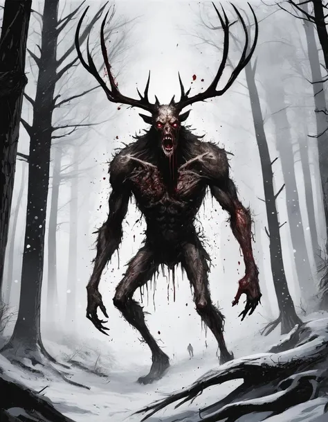 Outdoors, nighttime, terrifying gigantic wendigo roaring reaching for a terrified injured man on the ground, blood splatter, waning light, deep dark woods, tall thick ancient trees, falling snow, winter, bloody trail of carnage, seen from below,