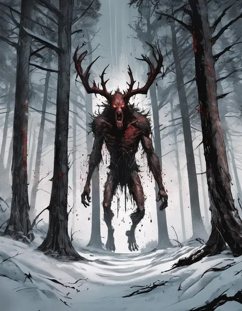 Outdoors, nighttime, terrifying gigantic wendigo roaring reaching for a terrified injured man on the ground, blood splatter, waning light, deep dark woods, tall thick ancient trees, falling snow, winter, bloody trail of carnage, seen from below,