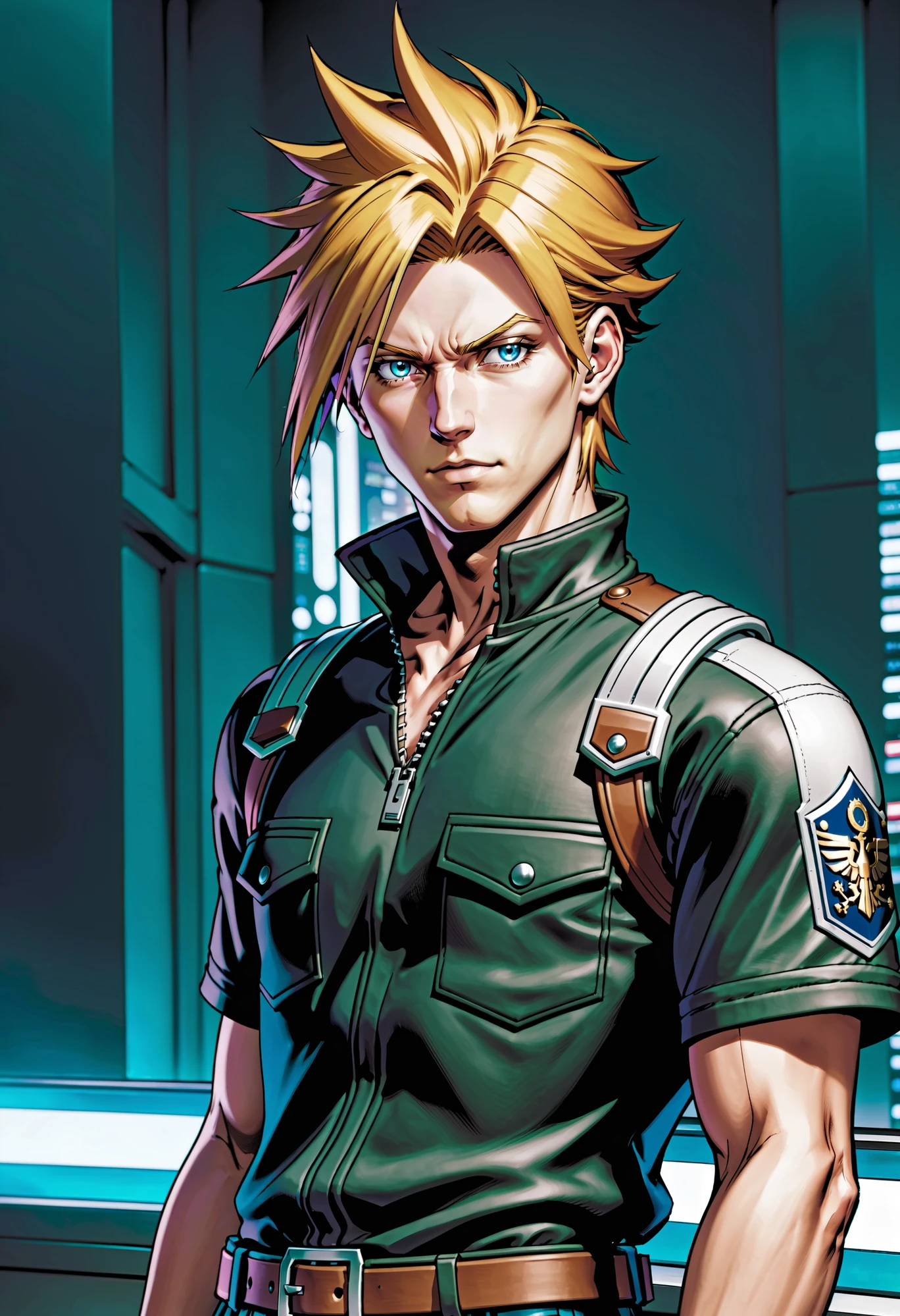 1boy, male focus, Cloud Strife from Final Fantasy 7, FBI headquarters, indoors,