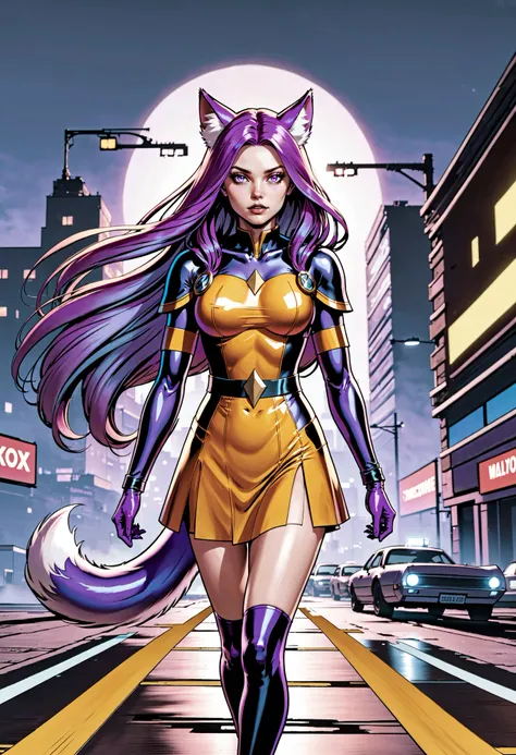 1girl, amethyst, butterscotch, very long hair, countryside, pedestrian crossing, kitsune, fox girl, super hero vibes, liminal horror style