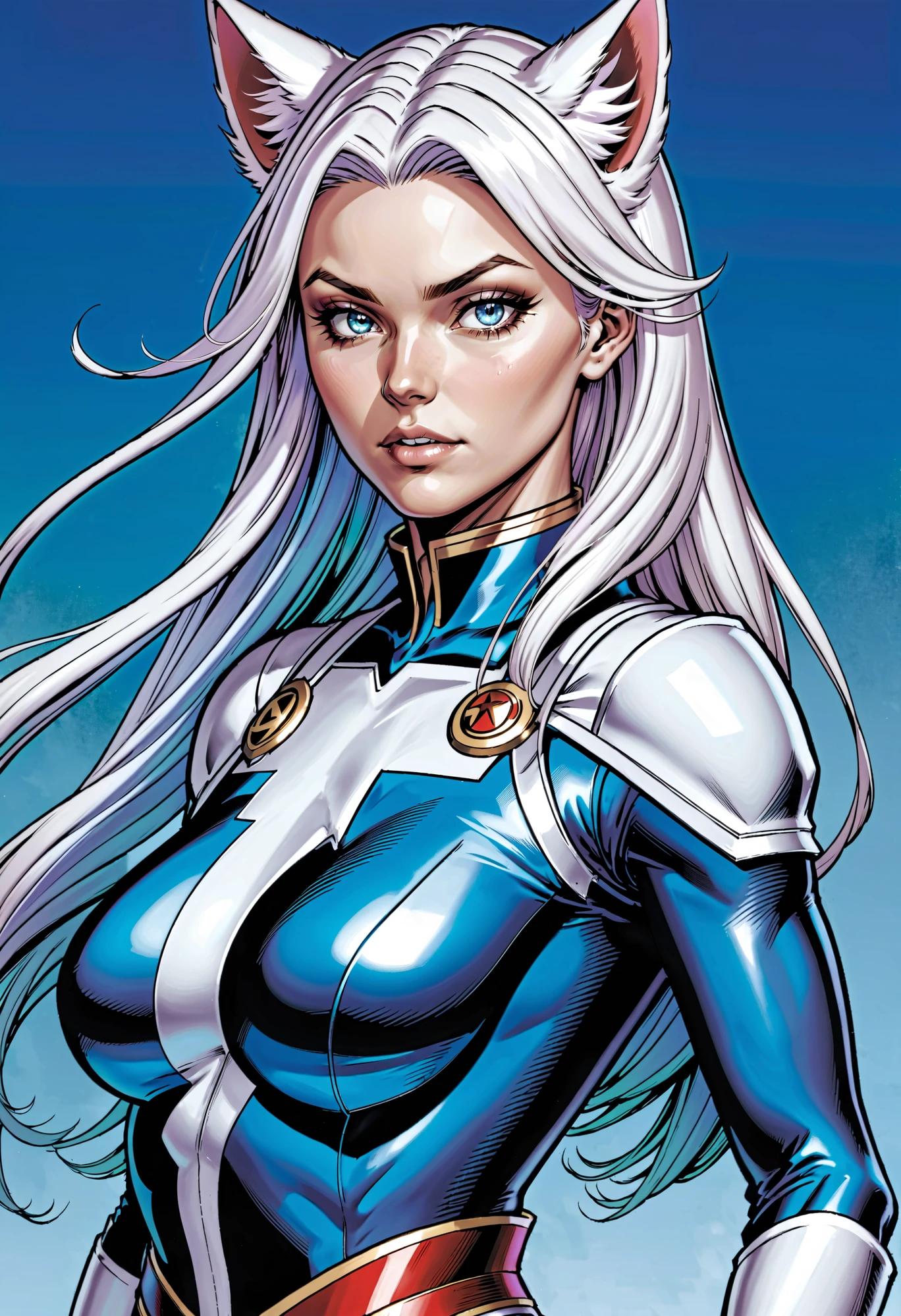 Kitsune maid in the style of Marvel comics, Art by Andy Kubert and Mike Deodato, 1girl, solo, long hair, looking at viewer, blush, blue eyes, hair ornament, long sleeves, ribbon, holding, hair between eyes, closed mouth, blue hair, hair ribbon, white shirt, upper body, hand up, star, (symbol), from side, looking to the side, profile, blue background, crown, blue ribbon, sideways glance