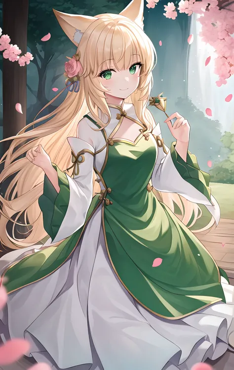 {best quality}, {{masterpiece}}, {highres}, {an extremely delicate and beautiful}, original, extremely detailed wallpaper, one Fox Girl,{{{Nine fox tails}}},Small ear,Long hair, white hair,Witch dress,looking_at_viewer,full body,petals,long_hair,cherry_blossoms,green_eyes,blonde_hair,wide_sleeves,smile,animal_ears,falling_petals,long_sleeves,sheathed,<lora:cs_lora:0.8>