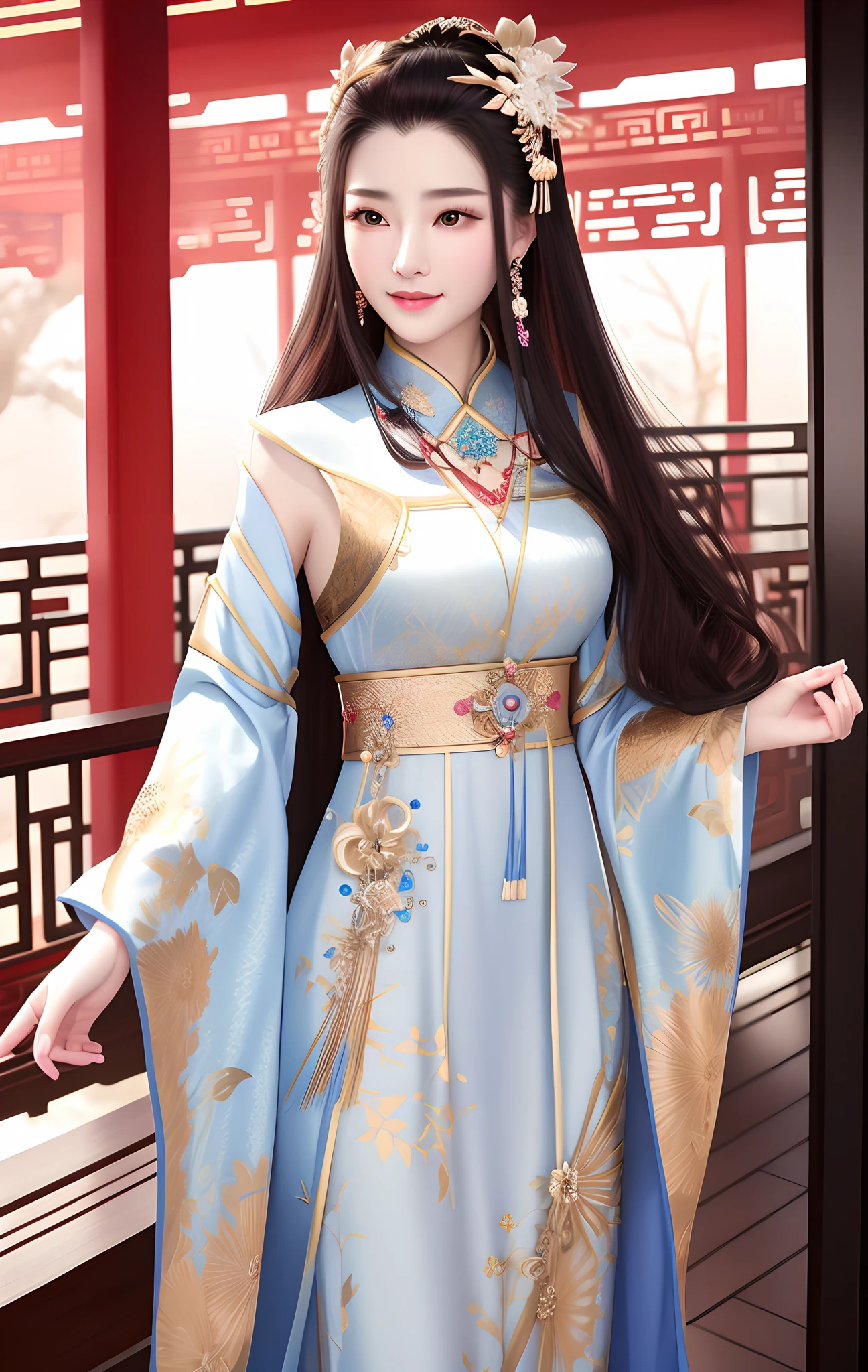 best quality, masterpiece, highres, 1girl,china dress,Beautiful face, hair ornament, solo,looking at viewer,smile,closed mouth,lips, dress,hair ornament, necklace, jewelry, long hair, earrings, chinese clothes, architecture,east asian architecture <lora:GuoFeng2_Lora:1.5>