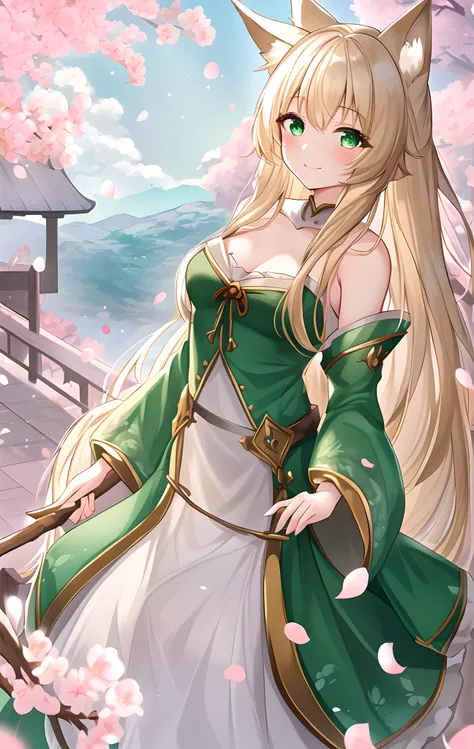 {best quality}, {{masterpiece}}, {highres}, {an extremely delicate and beautiful}, original, extremely detailed wallpaper, one Fox Girl,{{{Nine fox tails}}},Small ear,Long hair, white hair,Witch dress,looking_at_viewer,full body,petals,long_hair,cherry_blossoms,green_eyes,blonde_hair,wide_sleeves,smile,animal_ears,falling_petals,long_sleeves,sheathed,<lora:cs_lora:0.8>