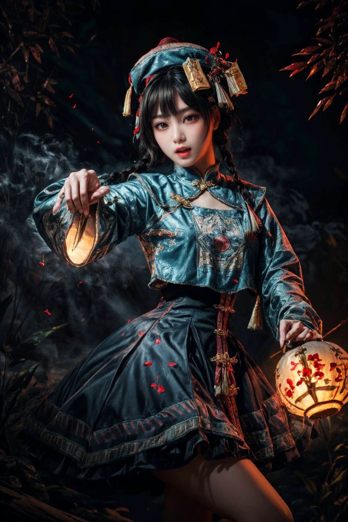 realistic, photorealistic, best quality, masterpiece, ultra high res, finely detailed, quality, realistic lighting, detailed skin, intricate details, raw photo, absurdres, highres, ultra detailed, BREAK, 1girl, solo, looking at viewer, , poster, portrait, detailed background, detailed face, long hair, (twin braids, white hair, jumping, zombie pose, claw pose, open mouth, fang out, ofuda, wooden bridge, white lantern, fire, thin black chains, white candle:1.5), medium breasts, (jiangshi, CNzombie, hat:1.5), (midnight, dark, dark background, full moon, gigantic moon, calm, creepy, horrible, detailed moon, big moon, red moon, unusual moon, clear sky, autumn, red leaves, horror theme, horrifying, dark forest, foggy, creepy aura, eerie atmosphere, dark fantasy, skelets, Death:1.4), (skinny, slim_legs, model pose, chinese architecture, east asian architecture, chinese building:1.3), (Bags under eyes, blush, Pink lips, open mouth, Glowing red Eyes, perfect face, detailed pupils, Makeup:1.1), reflection, (refraction:1.4), (Rembrandt lighting:1.3), (dark studio, rim lighting, two tone lighting, dimly lit, low key), (lens flare, light particle, lens glare:1.3), (watercolor style, soft blending, dreamy washes, delicate textures, brilliant colors, action painting, gestural marks, dynamic brushwork, expressive motion, spontaneous technique, abstract expressionism, energetic compositions, action pose, vibrant glow, dynamic colors, reflective surfaces, girly style, delicate accessories, Overdetailed art, Water color painting:1.1), (Meadow, Clouds, Starlight, Serenity, Walking trail, lake:1.2), (explosive light and shadow:1.3), (hand of Guido Daniele:1.5), (sexy, slim, light particles, wallpaper, chromatic aberration:1.2), (beautiful view, misty atmosphere, solitary:1.4), (atmosphere, Cosy:1.2), (depth of field:1.4), (ornaments detailed, chinese traditional architecture, ancient art, chinese style, chinese buildings, misty lake, ancient chinese background, flying splashes, flying petals, bloom, bloom effect, water reflection:1.3), (long legs:1.3), (Glowing ambiance, enchanting radiance, luminous lighting, ethereal atmosphere, mesmerizing glow, evocative hues, captivating coloration, enchanting aura, melanchonic soft light:1.4), (outdoors, landscape, breeze, ethereal, scenery, nature, wind:1.2), (colorful refraction, iridescent colors, Iridescence:1.2), (Luminescent Particles:1.3), half body, (eye focus, face focus, character focus, close-up face:1.3), (dynamic pose, dynamic angle, dutch angle, cowboy shot:1.4), official art, beautiful and aesthetic, beautiful, (zentangle, mandala, tangle, entangle), (ecstasy of flower:1.2), the most beautiful form of chaos, elegant, a brutalist designed, vivid colours, romanticism, atmospheric, warm tone, soft light, (narrow waist:1.4), (fractal art), floating particles, particles, BREAK, loop lighting, equirectangular 360, Gel lighting, film grain, film, delicate, anime key visual, Ultrarealistic, Peaceful, Hopeful, rim light, Detailed illustration, Lens Flare, short lighting, layered textures, sketch, moody lighting, extremely detailed CG Unity 8k wallpaper, dramatic lighting, specular lighting, cinematic, dramatic, broad lighting, Circular polarizer, drawing, close up, key visual, PBR Texturing, Anisotropic Filtering, Albedo And Specular Maps, Multi-Layered Textures, Surface Shading, Sub-Pixel Convolution, Accurate Simulation Of Light-Material Interaction, blurry foreground, volumetric light effect, volumetric lighting, Tone Mapping, Lumen Reflections, Global illumination, Ray Tracing, Screen Space Global Illumination, Accent Lighting, volumetric, Rule of thirds, high dynamic range, Multi-exposure HDR capture, atmospheric perspective, aerial perspective, dynamic lighting, atmospheric depth, huge filesize, 8k uhd, analog, specular highlights, atmospheric lighting, sharp focus, perspective, ambient occlusion, subsurface scattering, photon mapping, octane render, unreal engine 5, radiosity, sharp, diffuse lighting, high resolution scan, professionally color graded, automatic white balance, BREAK, <lora:epiNoiseoffset_v3:1>, <lora:add_detail:0.5>, <lora:more_details:0.5>, <lora:GoodHands-beta2:1>, <lora:CNzombie:0.8>