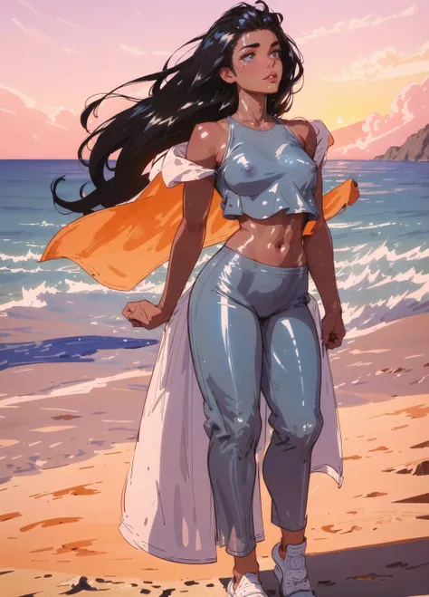 (masterpiece), best quality, highres, (realistic face:1.1), (hyperrealistic:1.3), 4k, 8k, Detailed Illustration, intricate detail, ((1girl)), solo, standing, sexy pose, ((linen crop top)), ((full_body)), fit female, medium breasts, perfect eyes, nipples, (shiny skin:1.5), (ultra detailed skin, skin pores:1.6), (hyperrealistic skin:1.5), (tanned:1.3), (outdoors:1.3), (beach background:1.3), cliff, ((sunset)), synth wave, (small head:0.5), cinematic lighting, sharp shadows, amazing quality, amazing shading, soft lighting, (symetrical:0.5), facing camera, side_view,
ultra-detailed , <lora:thesabuStyleLora_thesabuStylea1:0.5> <hypernet:mjv4Hypernetwork_v1:0.3> <hypernet:incaseA3_v18000Steps:0.3> <hypernet:houk1se1:0.5> <lora:samdoesartsSamYang_offsetRightFilesize:0.3> <lora:90sVibesStyleLora_90sVibe:0.3>