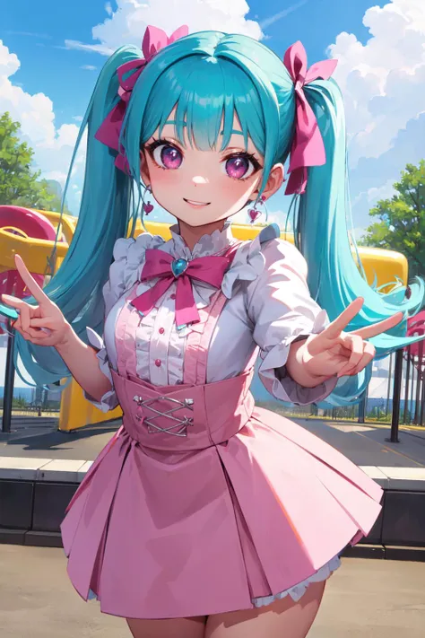 (masterpiece, best quality, high quality, highres:1.2), ultra high res, absurdres, sharp focus, detailed, cowboy shot, sfw, cute,
1girl, (light blue hair:1.1), (long hair:1.1), twintails, (pink eyes:1.1), thick eyelashes, (finely-detailed eyes:1.1), sharp pupils, (looking at viewer:1.2), happy, smile,
jirai fashion, jirai kei, white and pink clothes, (heart-shaped earrings:1.1), medium breasts, detailed skin, shiny skin, glossy lips,
standing, dynamic pose, v-sign,
outdoors, park, playground
<lora:squeezerExperimental_:0.5> <lora:jirai_v2:0.8>