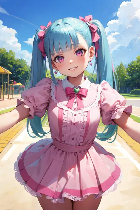 (masterpiece, best quality, high quality, highres:1.2), ultra high res, absurdres, sharp focus, detailed, cowboy shot, sfw, cute,
1girl, (light blue hair:1.1), (medium long hair:1.1), twintails, (pink eyes:1.1), thick eyelashes, (finely-detailed eyes:1.1), sharp pupils, (looking at viewer:1.2), happy, smile,
jirai fashion, jirai kei, white and pink dress, (heart-shaped earrings:1.1), medium breasts, detailed skin, shiny skin, glossy lips,
standing, dynamic pose,
outdoors, park, playground
<lora:squeezerExperimental_:0.5> <lora:jirai_v2:0.8>