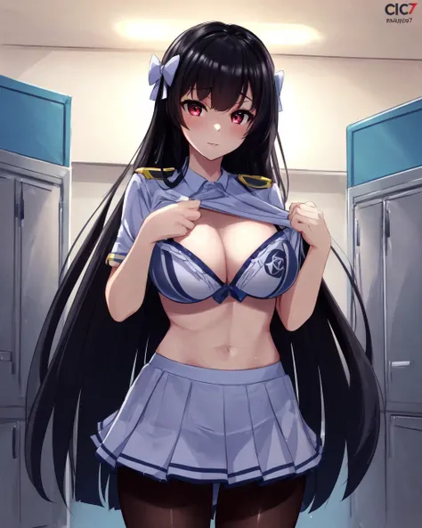 <lora:e7 Karin2:0.7> e7 Karin wearing her uniform, red eyes, at locker room, changing room in background, pantyhose, nsfw, changing clothes, wearing a bra, no skirt,
(masterpiece), best quality, highres, 4k, 8k, Detailed Illustration, intricate detail, cinematic lighting, amazing quality, 1girl, fit female, amazing shading, soft lighting, facing camera, perfect eyes