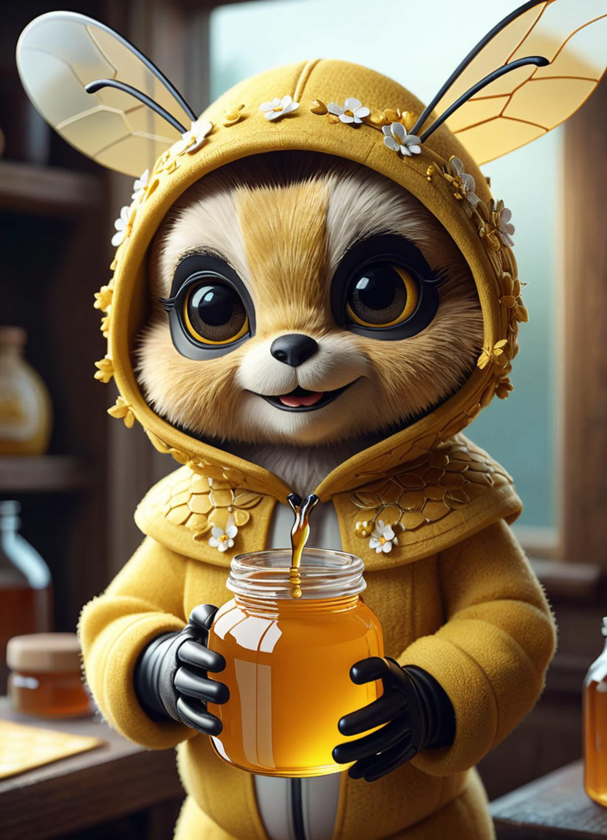 3d model of a cartoon bee in yellow outfit (holding jar of honey), in the style of ilya kuvshinov, seth macfarlane, meticulous photorealistic still lifes, david teniers the younger, charming character illustrations, use of screen tones, 32k, subsurface scattering, Photorealistic, Hyperrealistic, analog style, realistic, film photography, soft lighting, heavy shadow