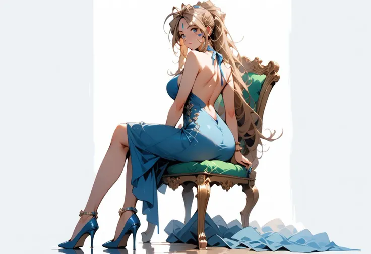 core_9, score_8_up, score_7_up, score_6_up, masterpiece, ultra detailed, best quality, source_anime, Expressiveh, zPDXL,  BREAK, 1 girl, Belldandy, dress, large breasts, sitting on chair, blue dress, looking at viewer, from behind, backless dress, high heels, white background, simple background, backless outfit, sleeveless, sleeveless dress, jewelry, bracelet, nail polish, holding, bag, bare shoulders, handbag, blue footwear, (detailed face)