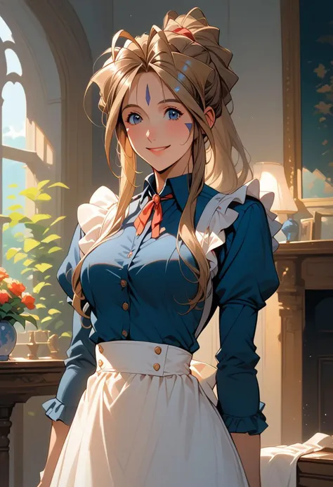 core_9, score_8_up, score_7_up, score_6_up, masterpiece, ultra detailed, best quality, source_anime, BREAK, 1 girl, smile, closed mouth, Belldandy, maid, indoors, living room, day