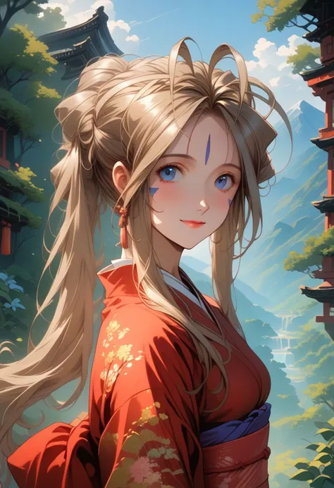 score_9, score_8_up, score_7_up, score_6_up, masterpiece, ultra detailed, best quality, source_anime, Expressiveh, BREAK, 1girl, smile, (closed mouth, Belldandy), kimono, Japanese clothes, eastern temple, mountains, forest, day, cowboy shot, (detailed face, detailed eyes)