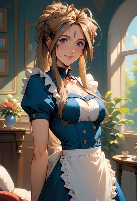 core_9, score_8_up, score_7_up, score_6_up, masterpiece, ultra detailed, best quality, source_anime, BREAK, 1 girl, smile, closed mouth, Belldandy, maid, indoors, living room, day