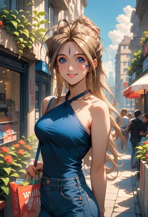 score_9, score_8_up, score_7_up, score_6_up, masterpiece, ultra detailed, best quality, source_anime, Expressiveh, BREAK, 1girl, smile, Belldandy, closed mouth, halterneck, jeans, casual outfit, outdoors, city, cityscape, day, blue sky, shopping, detailed face, detailed eyes, beautiful eyes, delicate features