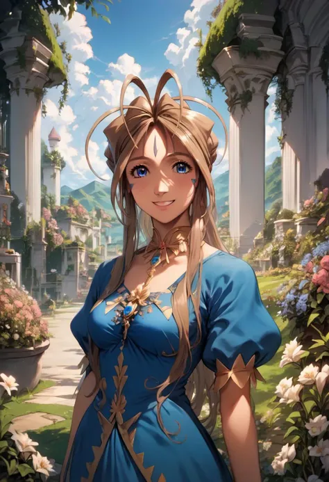 score_9, score_8_up, score_7_up, Belldandy, smile, blue dress, jewelry, cowboy shot, garden, outdoors, mansion, flowers, sky,  (high resolution), ((masterpiece)), (highest quality), 4k wallpaper, detailed face, detailed eyes, beautiful eyes, delicate features, anime style