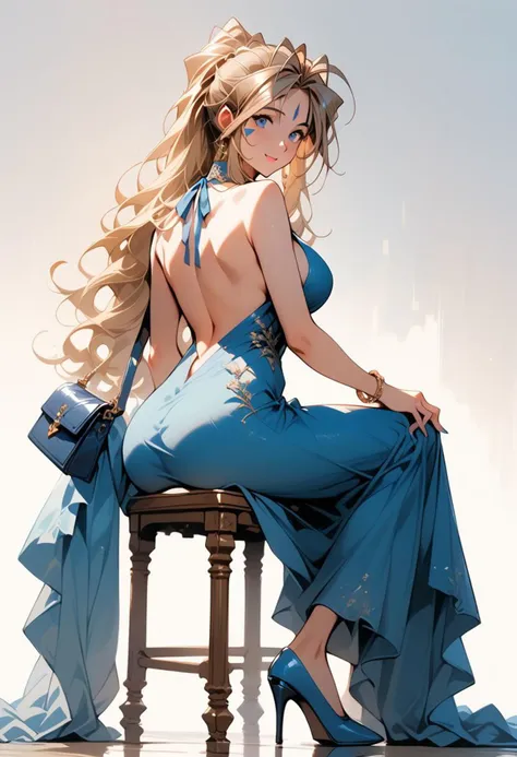 core_9, score_8_up, score_7_up, score_6_up, masterpiece, ultra detailed, best quality, source_anime, Expressiveh, zPDXL,  BREAK, 1 girl, Belldandy, dress, large breasts, sitting on chair, blue dress, looking at viewer, from behind, backless dress, high heels, white background, simple background, backless outfit, sleeveless, sleeveless dress, jewelry, bracelet, nail polish, holding, bag, bare shoulders, handbag, blue footwear