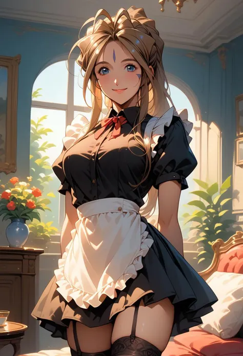 core_9, score_8_up, score_7_up, score_6_up, masterpiece, ultra detailed, best quality, source_anime, BREAK, 1 girl, smile, closed mouth, Belldandy, maid, black maid outfit,  maid apron, short skirt, stockings, garter straps, indoors, living room, day