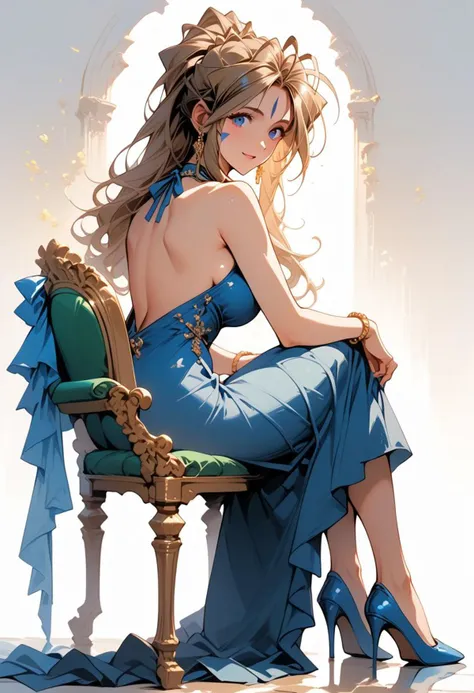 core_9, score_8_up, score_7_up, score_6_up, masterpiece, ultra detailed, best quality, source_anime, Expressiveh, zPDXL,  BREAK, 1 girl, Belldandy, dress, large breasts, sitting on chair, blue dress, looking at viewer, from behind, backless dress, high heels, white background, simple background, backless outfit, sleeveless, sleeveless dress, jewelry, bracelet, nail polish, holding, bag, bare shoulders, handbag, blue footwear, (detailed face)