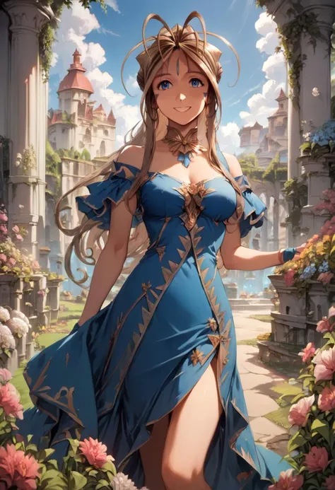 score_9, score_8_up, score_7_up, Belldandy, smile, blue dress, jewelry, cowboy shot, garden, outdoors, mansion, flowers, sky,  (high resolution), ((masterpiece)), (highest quality), 4k wallpaper, detailed face, detailed eyes, beautiful eyes, delicate features, anime style