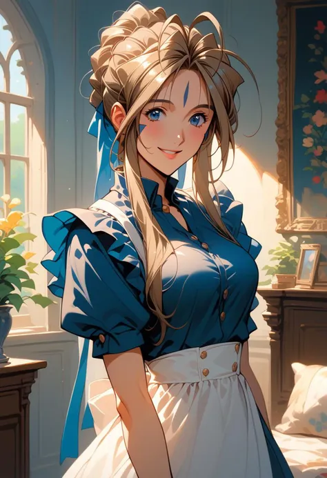 core_9, score_8_up, score_7_up, score_6_up, masterpiece, ultra detailed, best quality, source_anime, BREAK, 1 girl, smile, closed mouth, Belldandy, maid, indoors, living room, day