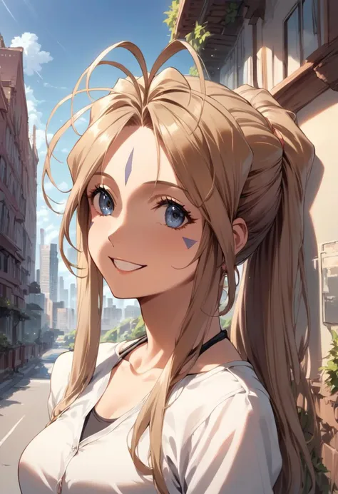 score_9, score_8_up, score_7_up, source_anime,  Belldandy, smile, halterneck, jeans, casual outfit, outdoors, city, cityscape, day, blue sky, shopping,  (high resolution), ((masterpiece)), (highest quality), 4k wallpaper,  detailed face, detailed eyes, beautiful eyes, delicate features