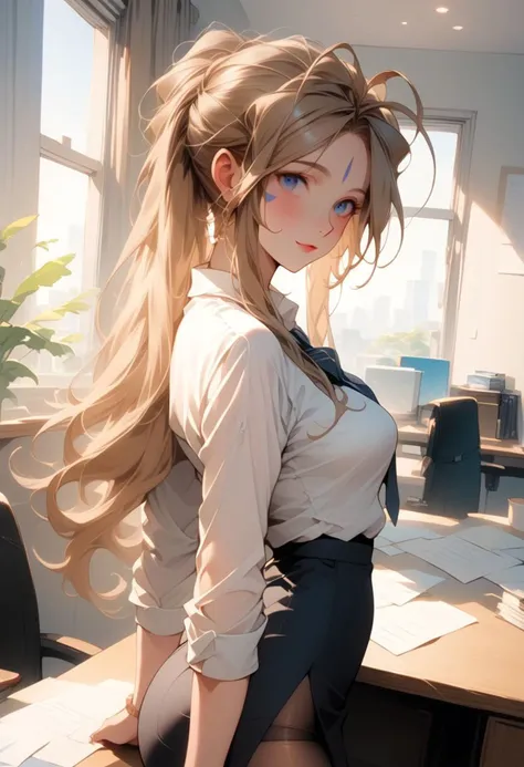 score_9, score_8_up, score_7_up, score_6_up, masterpiece, ultra detailed, best quality, source_anime, Expressiveh, zPDXL2, BREAK,1girl, Belldandy office lady, pencil skirt, white shirt, pantyhose, office, desk, indoors, day, looking at viewer, (detailed face, detailed eyes), delicate features, soft lighting, warm colors