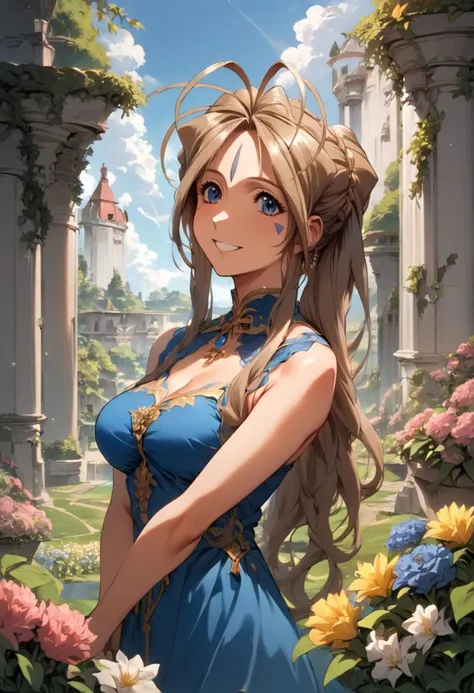 score_9, score_8_up, score_7_up, source_anime,  Belldandy, smile, blue dress, jewelry, cowboy shot, garden, outdoors, mansion, flowers, sky,  (high resolution), ((masterpiece)), (highest quality), 4k wallpaper,  detailed face, detailed eyes, beautiful eyes, delicate features