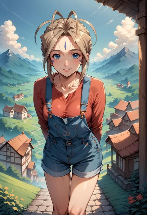 score_9, score_8_up, score_7_up, source_anime, 1girl, solo, looking at viewer, Belldandy, overalls, overall shorts, long sleeves, red shirt, outdoors, (rural), japan, arms behind back, leaning forward, mountain, (village), scenery, landscape, house, blue sky, cloud, nature, forest, grass, cleavage, smile, parted lips