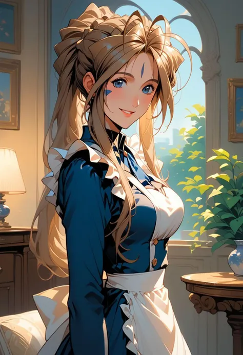 core_9, score_8_up, score_7_up, score_6_up, masterpiece, ultra detailed, best quality, source_anime, BREAK, 1 girl, smile, closed mouth, Belldandy, maid, indoors, living room, day