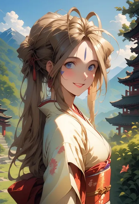 score_9, score_8_up, score_7_up, score_6_up, masterpiece, ultra detailed, best quality, source_anime, Expressiveh, BREAK, 1girl, smile, closed mouth, Belldandy, kimono, Japanese clothes, eastern temple, mountains, forest, day, cowboy shot, (detailed face, detailed eyes)