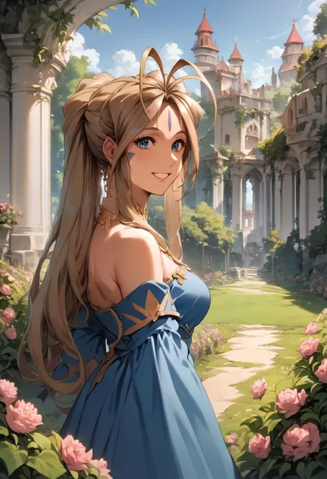 score_9, score_8_up, score_7_up, source_anime,  Belldandy, smile, blue dress, jewelry, cowboy shot, garden, outdoors, mansion, flowers, sky,  (high resolution), ((masterpiece)), (highest quality), 4k wallpaper,  detailed face, detailed eyes, beautiful eyes, delicate features