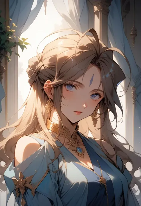 score_9, score_8_up, score_7_up, score_6_up, masterpiece, ultra detailed, best quality, source_anime, Expressiveh, BREAK, 1girl, smile, Belldandy, blue dress with golden trim, cleavage, golden trim, detached sleeves, golden choker, earrings, jewelry, indoors, manor, lush interior, marble (stone), shiny skin, cowboy shot, looking at viewer, dynamic pose, (detailed face, detailed eyes), delicate features, soft lighting, warm colors, pastel colors