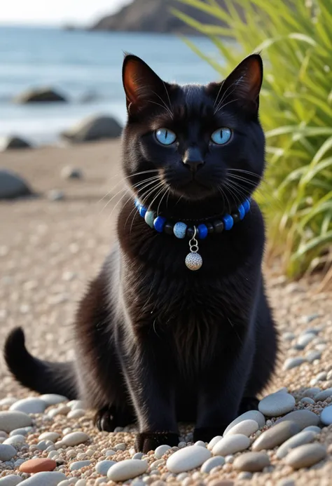 (medium full shot) of (mysterious cat), black fur, striped, blue, shiny collar, set in a quiet beach with smooth pebbles, soft lighting, and a peaceful atmosphere , while exploring a garden, Masterpiece,best quality, photo, realistic, very aesthetic,