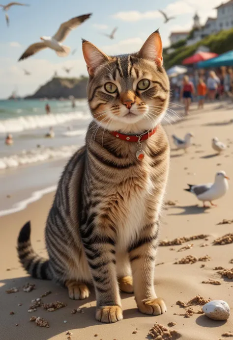 (medium full shot) of (charming cat), tabby fur, ticked, hazel, shiny collar, set in a lively beach with children playing, seagulls calling, and an energetic vibe , while purring contentedly, Masterpiece,best quality, photo, realistic, very aesthetic,