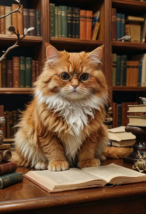 (medium full shot) of (fluffy cat), ginger fur, marbled, copper, tiny glasses, set in a serene study with a large desk, bookshelves filled with books, and a soft carpet, at night, while watching birds intently, Masterpiece,best quality, photo, realistic, very aesthetic,