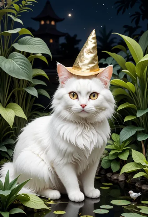 (medium full shot) of (mysterious cat), white fur, shaded, golden, fancy hat, set in a peaceful garden with a variety of plants, chirping birds, and a serene pond, at night, while stalking a toy mouse, Masterpiece,best quality, photo, realistic, very aesthetic,